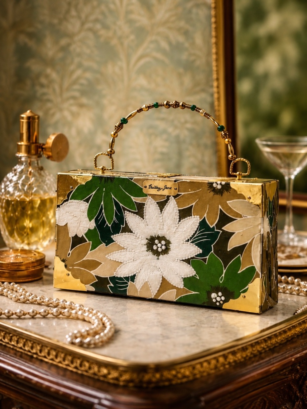 BRITTANY JEAN‎ Y2K Handmade Upcycled Green Gold Floral Cigar Box Purse Retro